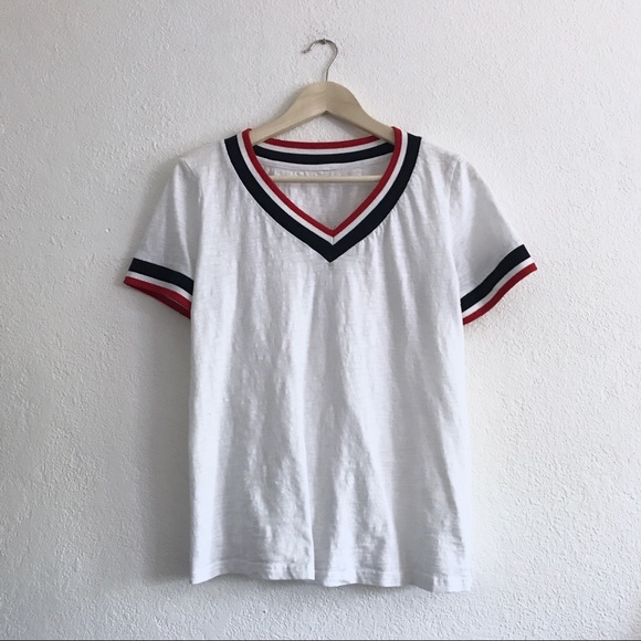 Vintage Tops - Red white blue trim white v-neck